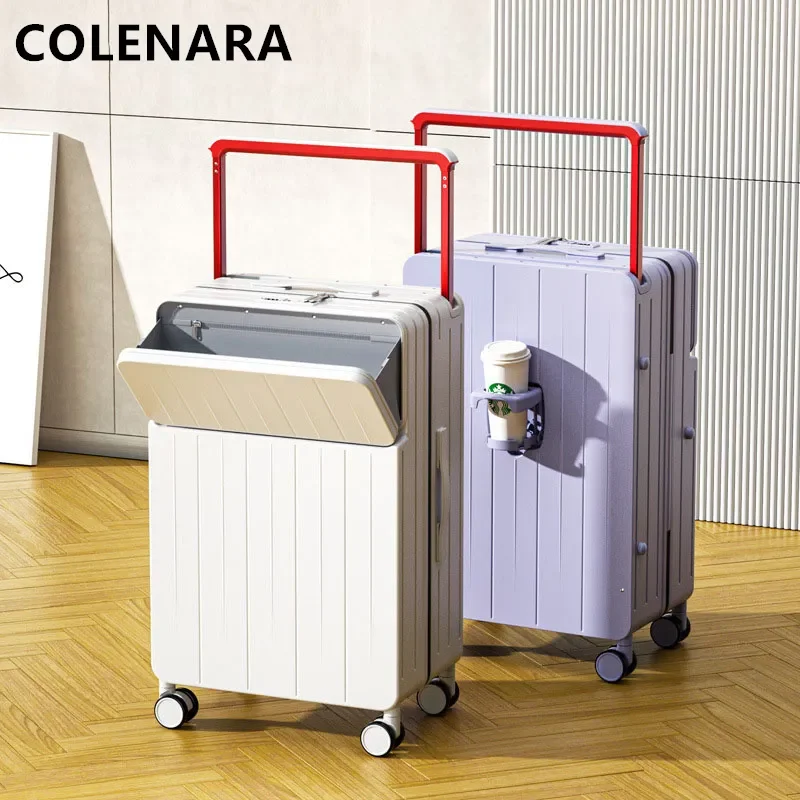 

COLENARA Handheld Travel Suitcase 20"22"24"26Inch Front Opening Laptop Boarding Box PC Trolley Case with Cup Holders Luggage