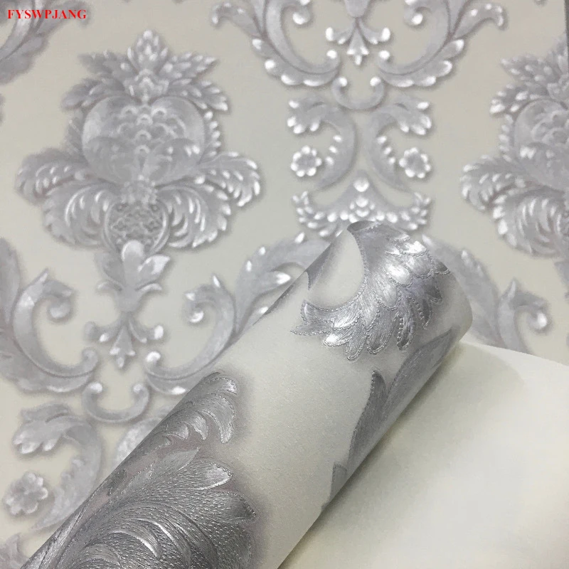 

European-style Carved Embossed Silver White Damascus Wallpaper Bedroom Living Room Home Decoration Thickened PVC Wall Stickers