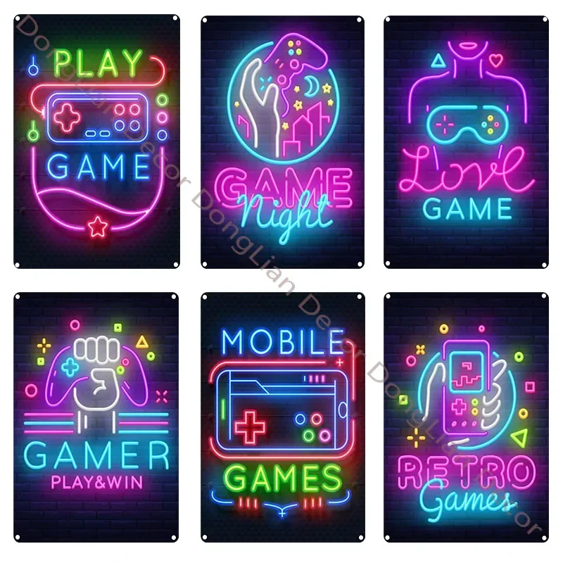 Video Game Metal Tin Sign Play and Win Neon Decorative Plaque Game Console Wall Sticker Modern Iron Plate Home Decor Gamer Room