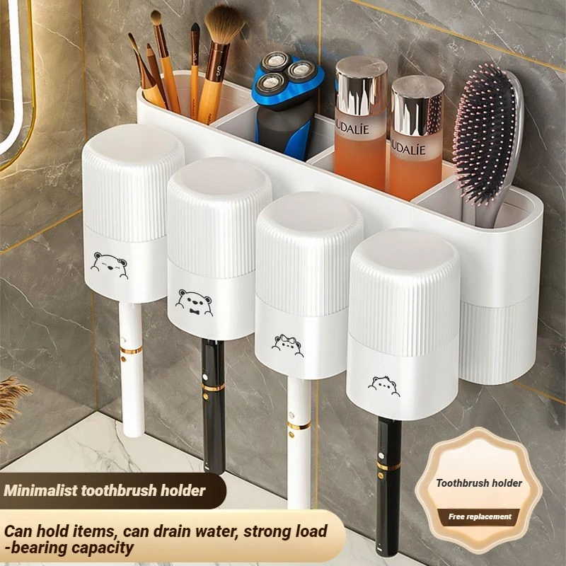 JOYBOS Automatic Toothpaste Dispenser Wall Mount Toothbrush Holder Bathroom Family Set 3&4 Cups Dust Proof Organizer No Drill