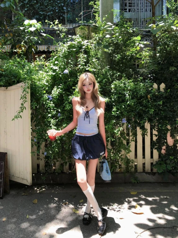 New Y2K Sweet Sexy Pure Desire Camisole Top And Skirt Set Women Blue Striped Bow Tie Low Waist Slim Fit Bubble Mini Skirt Casual