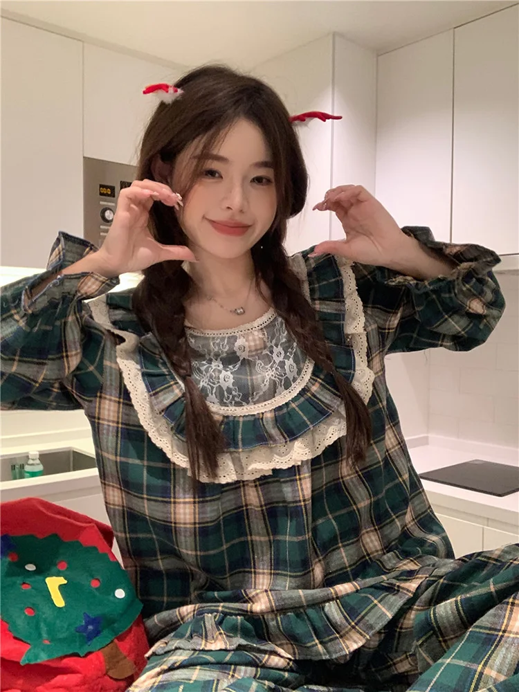 Home New Christmas Green Cotton Lace Plaid Sweet Winter Long Sleeve Pajama Set Women Soft  Stripe Loose Princess Sleepwear Ins