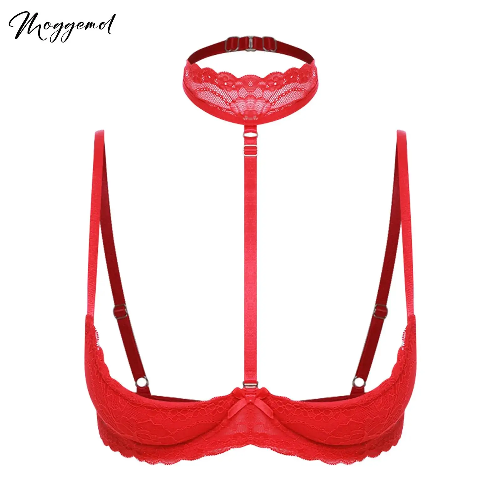Womens Sexy 1/4 Cup Push Up Unlined Bra Open Breast Exposed Underwired Lace Bra Chest Pads Balconette Brassiere with Choker
