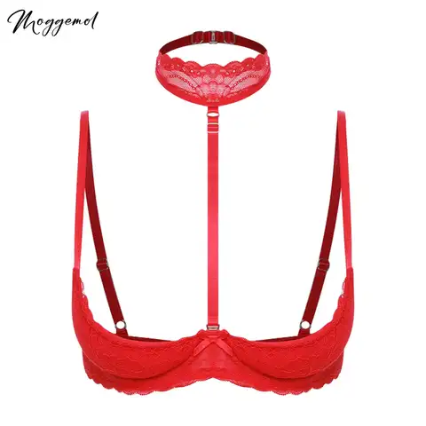 Womens Sexy 1/4 Cup Push Up Unlined Bra Open Breast Exposed Underwired Lace Bra Chest Pads Balconette Brassiere with Choker