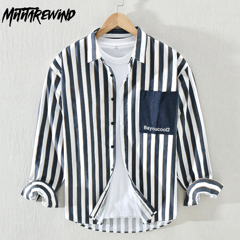 

New Mens Long Sleeve Striped Shirt Daily Fashion Male Loose Tops Lapel Pocket Button Up Shirt Men Youth Casual Versatile Shirts