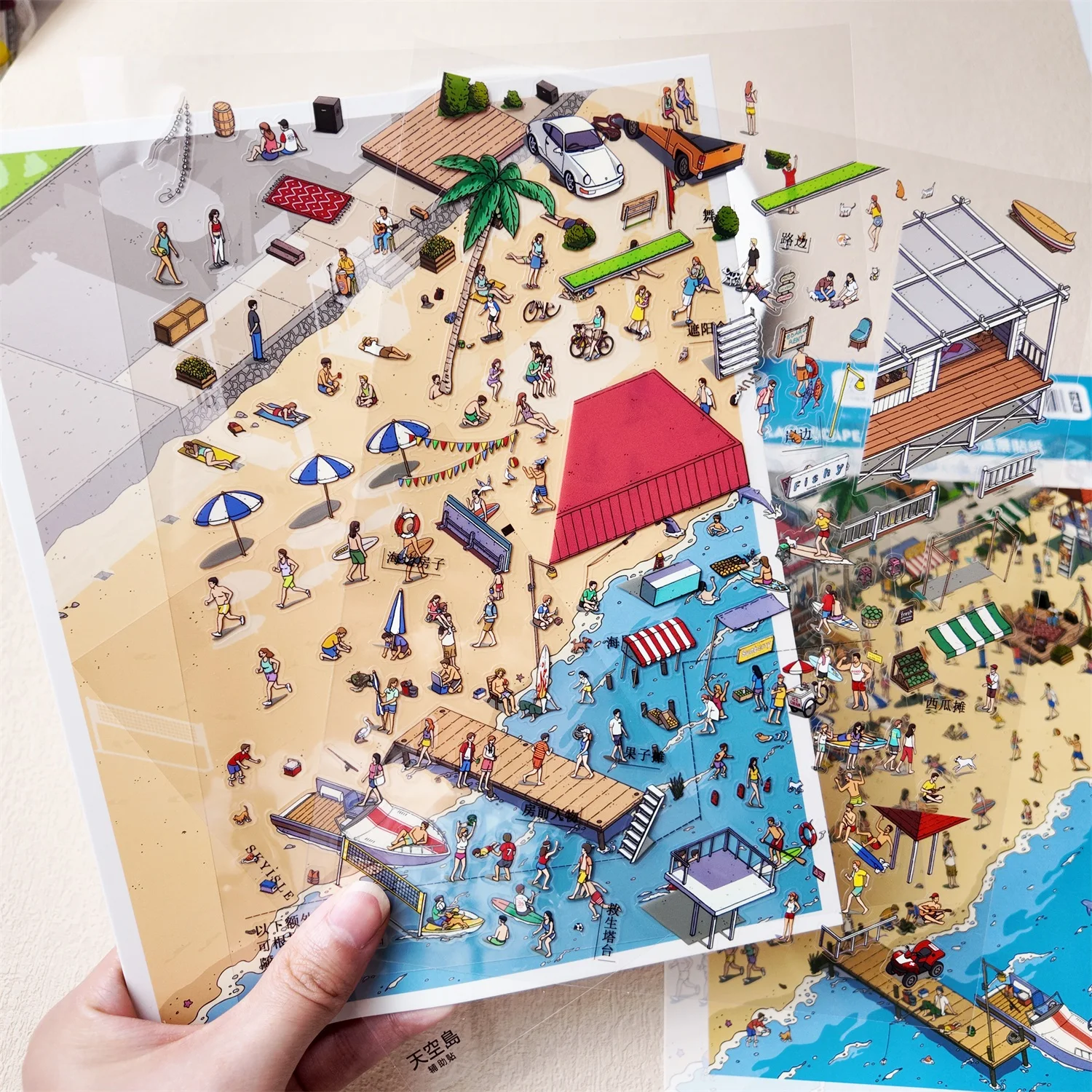 Plus Size Beach Street Miniature Scene 3D Landscaping scrapbook Stickers Visual Stacking Stickers Christmas Gift for Children