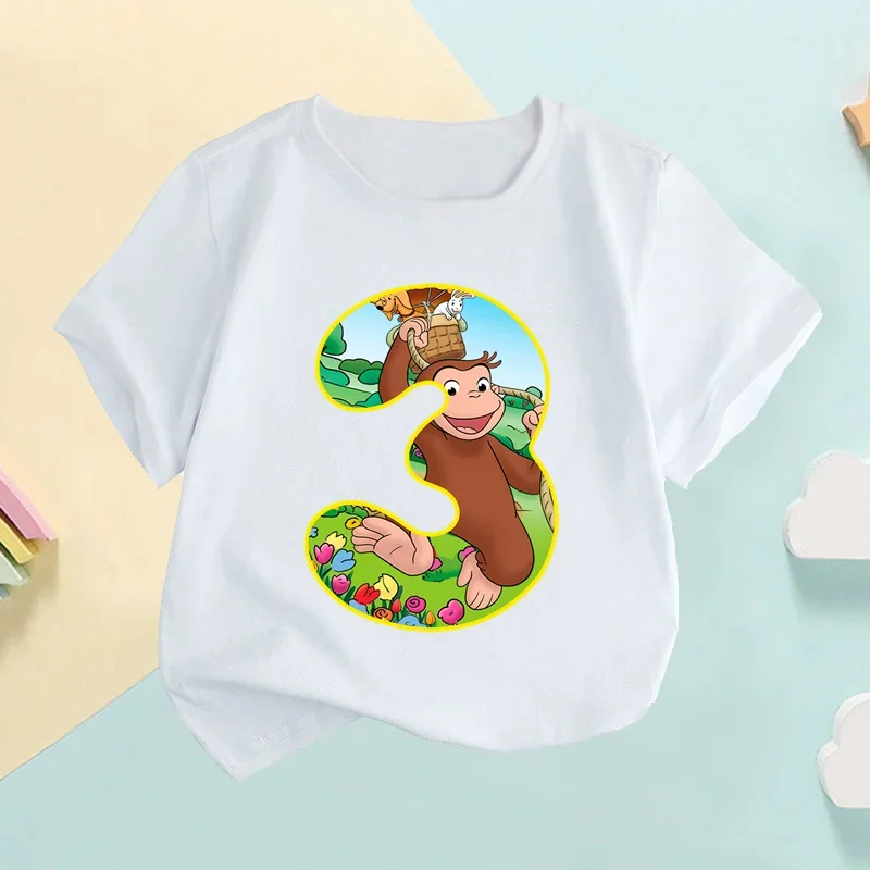 Curious George Cute Monkey Cartoon Number Kids T shirt Girls Clothes 1 2 3 4 5 6 7 8 9 Years Birthday Baby Boys T-Shirts,HKP2690