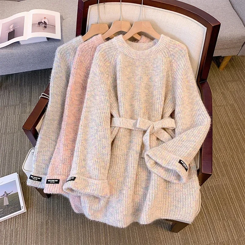 Elegant Knitted Dress Women Bow Belt Slim O-Neck Fall Winter Sweater Fashion Lazy Gentle Solid Skinny Jumpers Soft Pullover