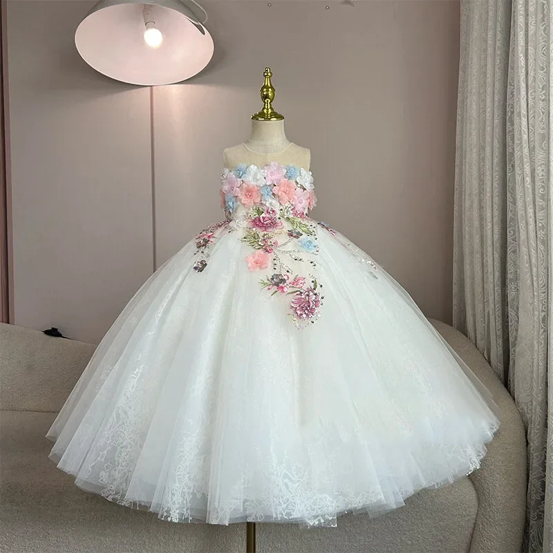 Autumn New Sweet Children's 3d Flower Applique French Princess Dress Sleeveless Wedding Party Kids Ball Gown For Children Girl