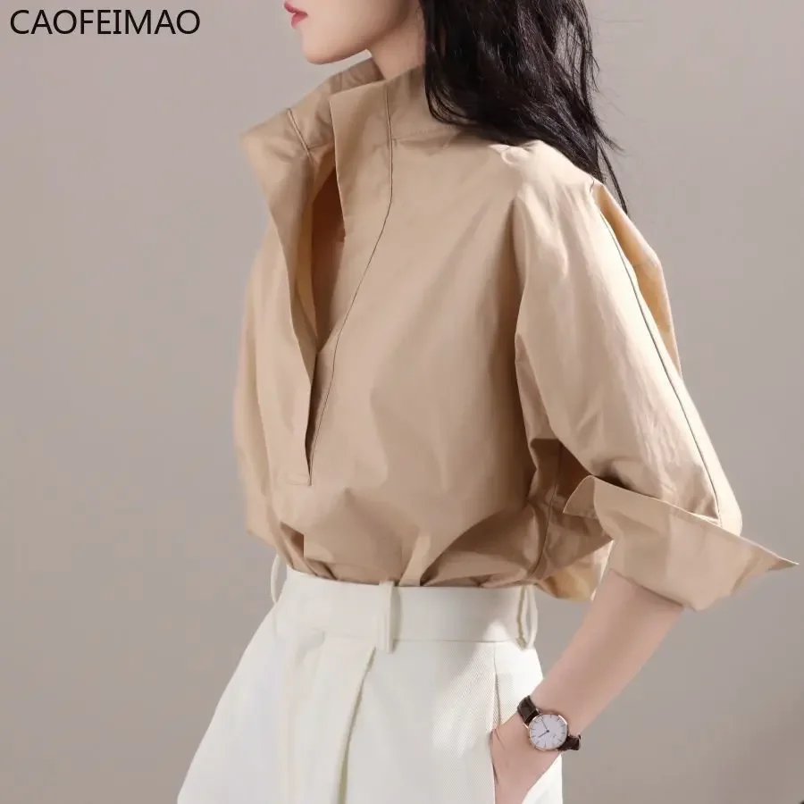 2025 New Autumn Fashion Women's Casual Three-quarter Sleeve Cotton Shirt Elegant Stand Collar White Office Lady Loose Blouse Top