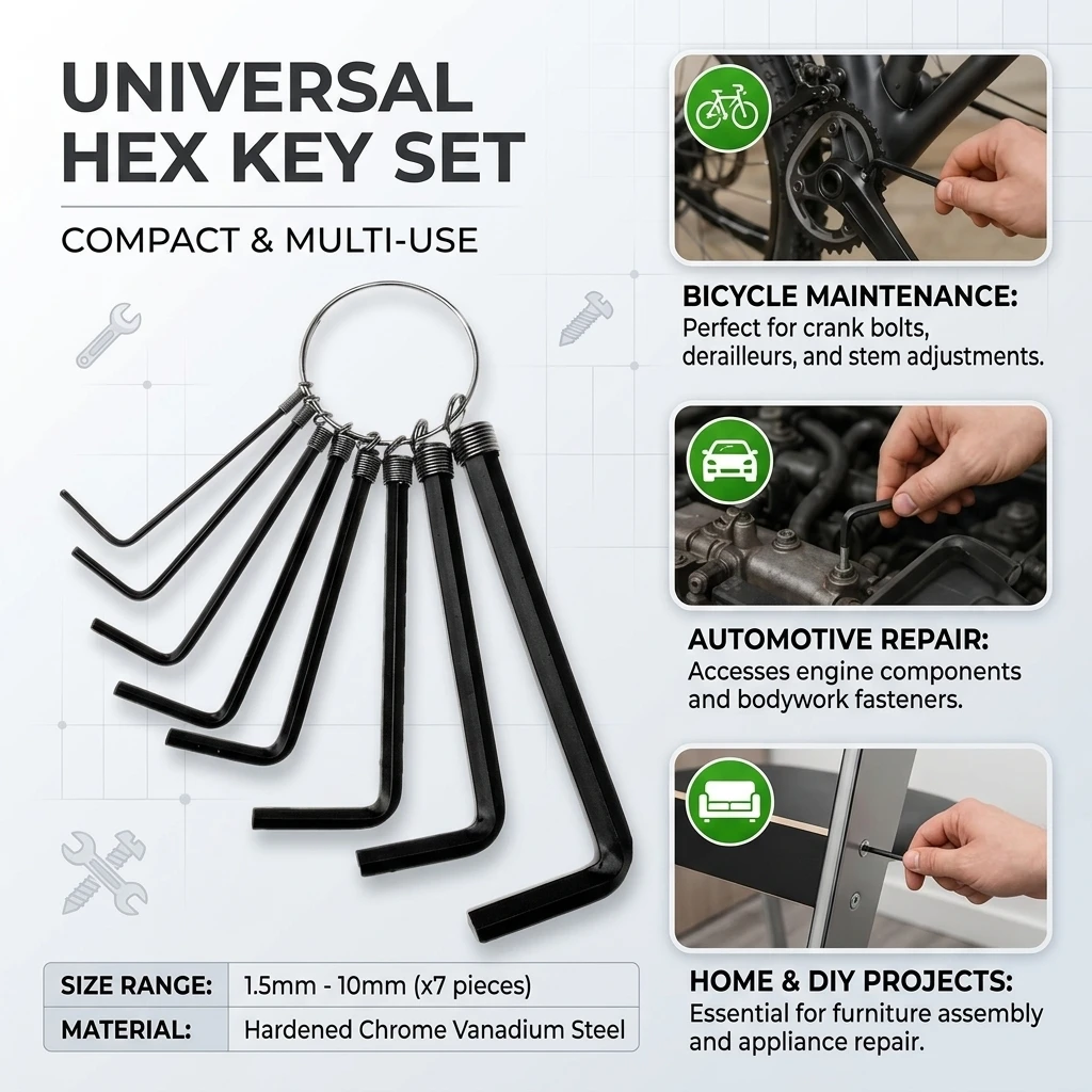 L-Shaped Internal Hexagon Wrench Set with Chain Hanging Strap Metric Flat Head Screwdriver Tool Kit