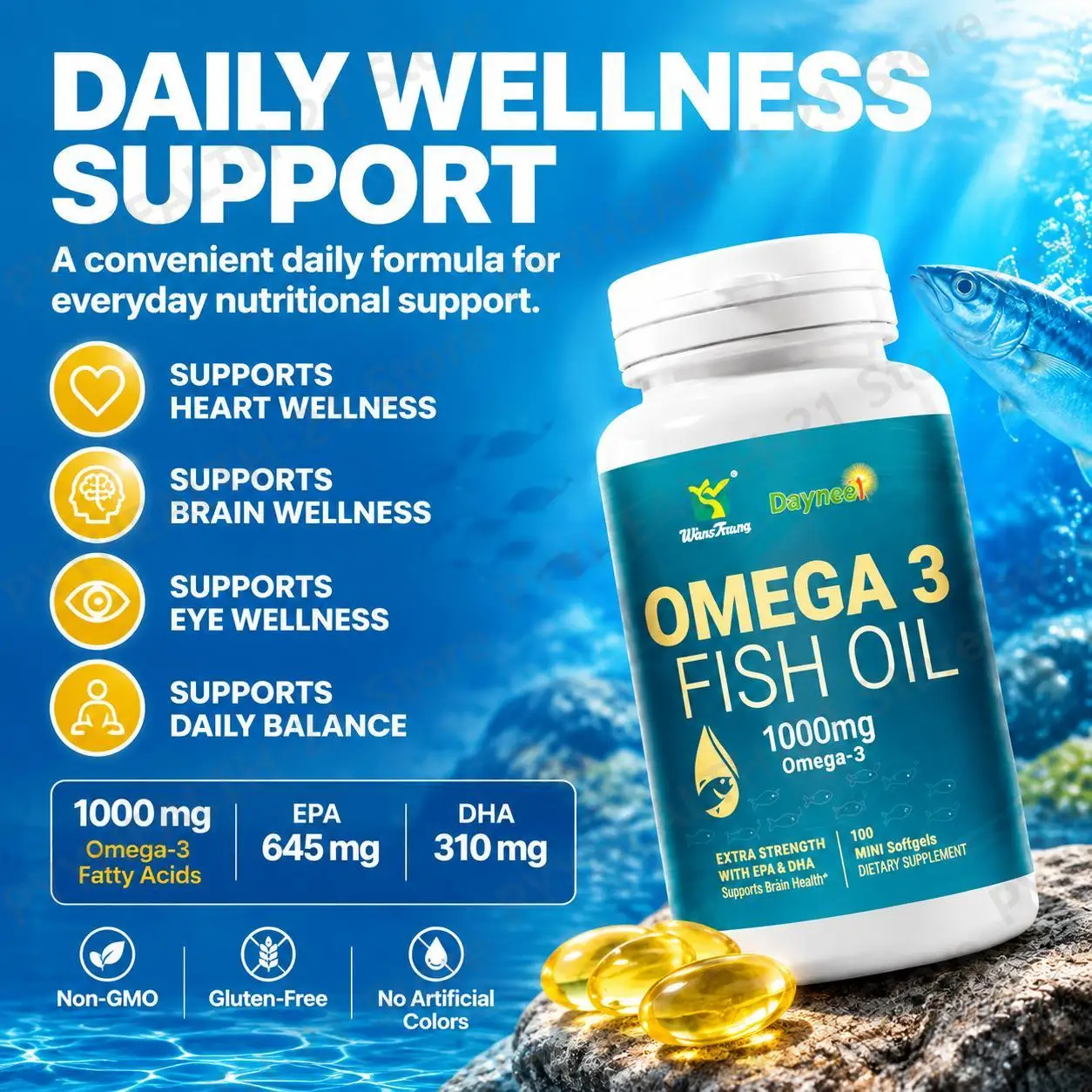 Omega-3 Fish Oil Mini Softgels Supports Heart Health Brain Function Eye Health EPA 645mg DHA 310mg Non-GMO 100 Softgels Adults