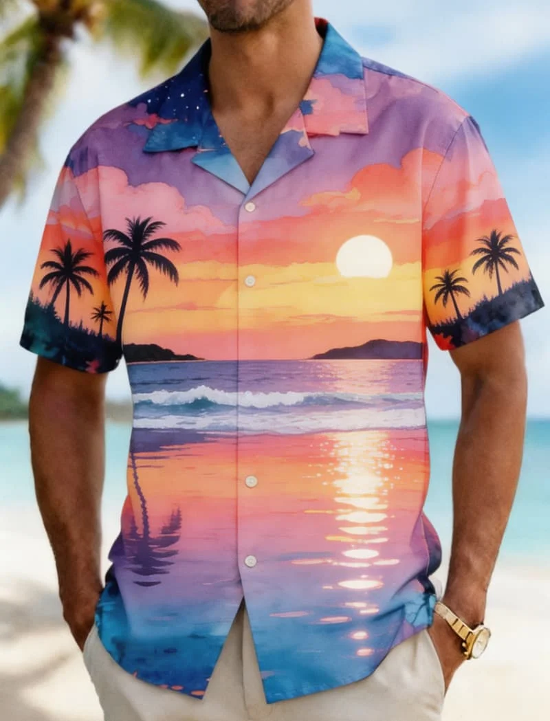 Men's watercolor art landscape print shirt, suitable for summer vacation, beach travel, daily travel, and casual wear