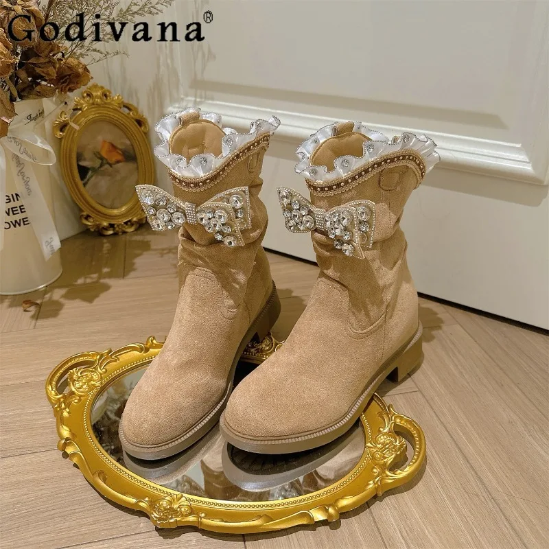 

Autumn New Lolita Short Boots Women Fashion Versatile Rhinestone Bow Bootie Female Japanese Height Increasing Short Boots