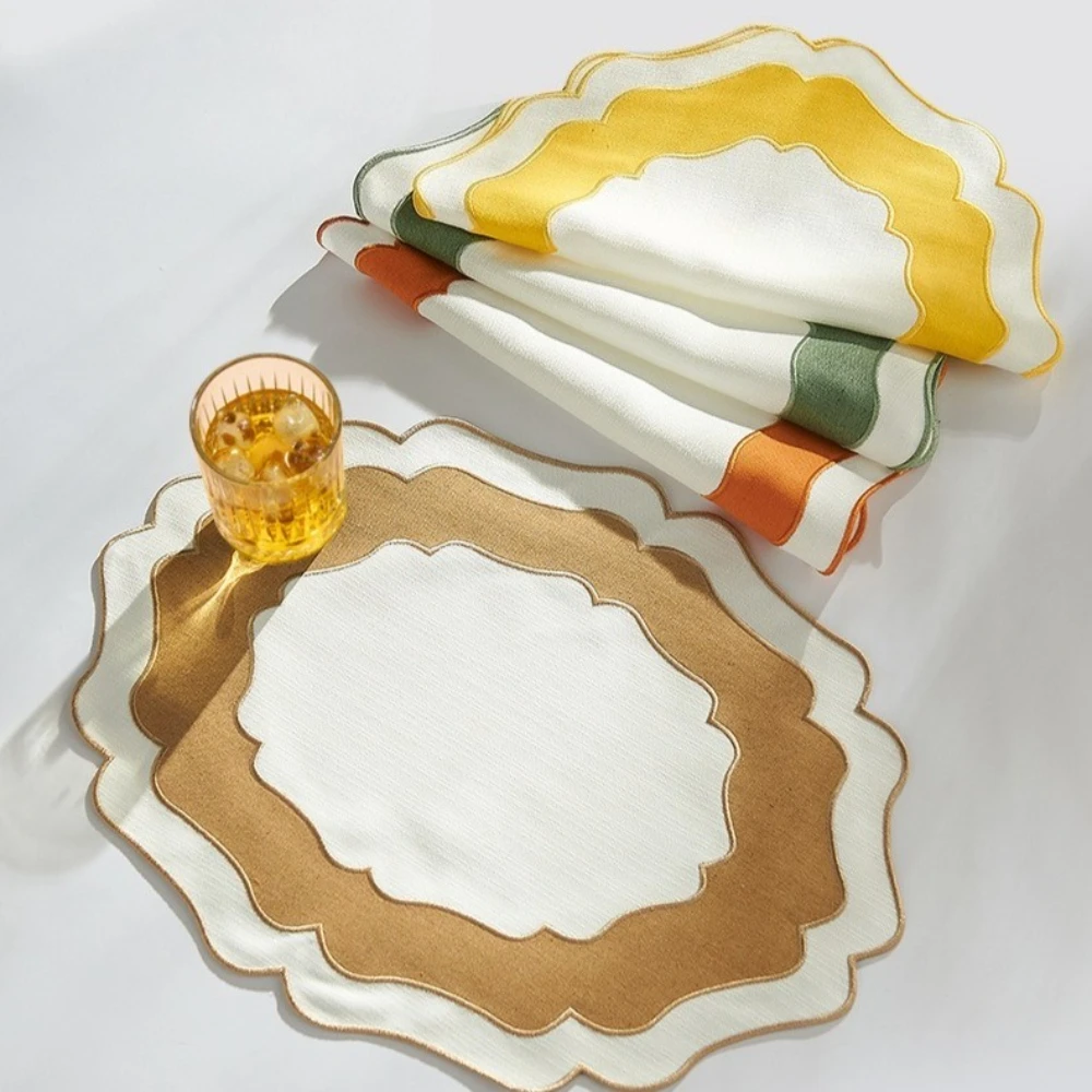 

4pcs Restaurant Linen Lace Embroidery Placemats Irregular Dinner Plate Cloth Two-color Fabric Table Set Washable & Reusable