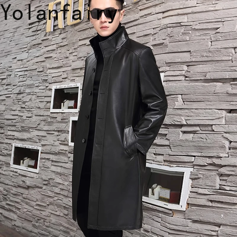 YOLANFAIRY موضة جديدة 2025 جلد الغنم الحقيقي خندق معطف الوقوف طوق سترة جلدية حقيقية رجل منتصف طول الشارع الشهير