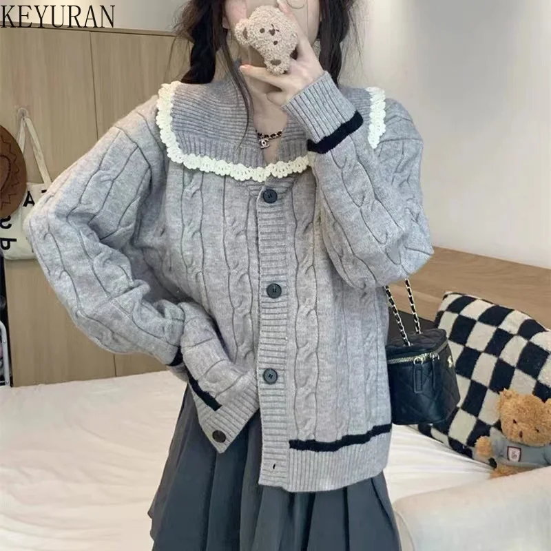 2023 Herfst Winter Gebreid Vest Oversized Trui Vrouwen Vintage Gary Peter Pan Kraag Losse Truien Jas Zachte Gebreide Tops