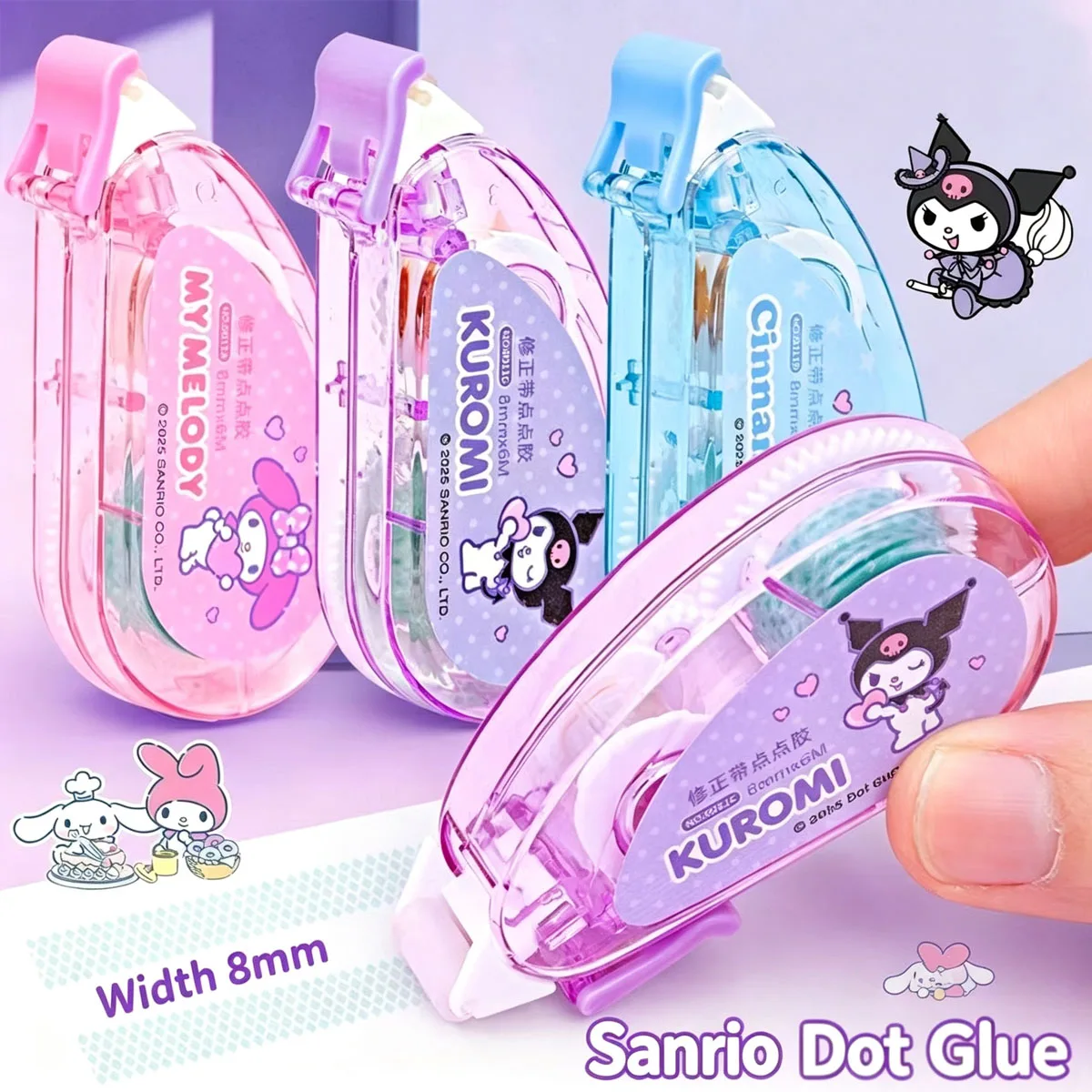 Sanrio Doppelseitiges Punktklebeband (6m x 8mm) – Kuromi & Cinnamoroll Designs; Abnehmbarer Klebstoff; Perfekt für Journaling
