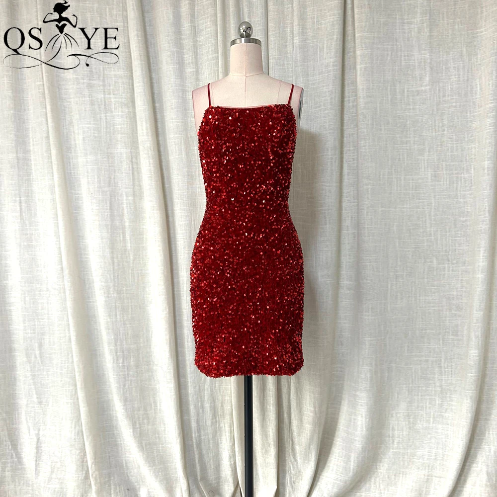 Vestidos de Fiesta Cortos con lentejuelas Rojas, vestido de noche con tirantes finos, espalda baja abierta, hasta la rodilla, Sexy