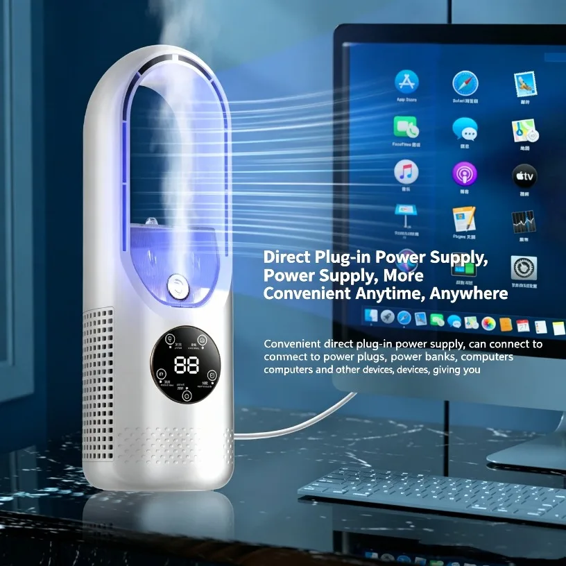 Mini Arrefecedor de Ar 3 em 1 Portátil de Mesa com Ventilador, Umidificador e Luz Noturna RGB Silenciosa, Tanque de 100ml para Escritório e Casa