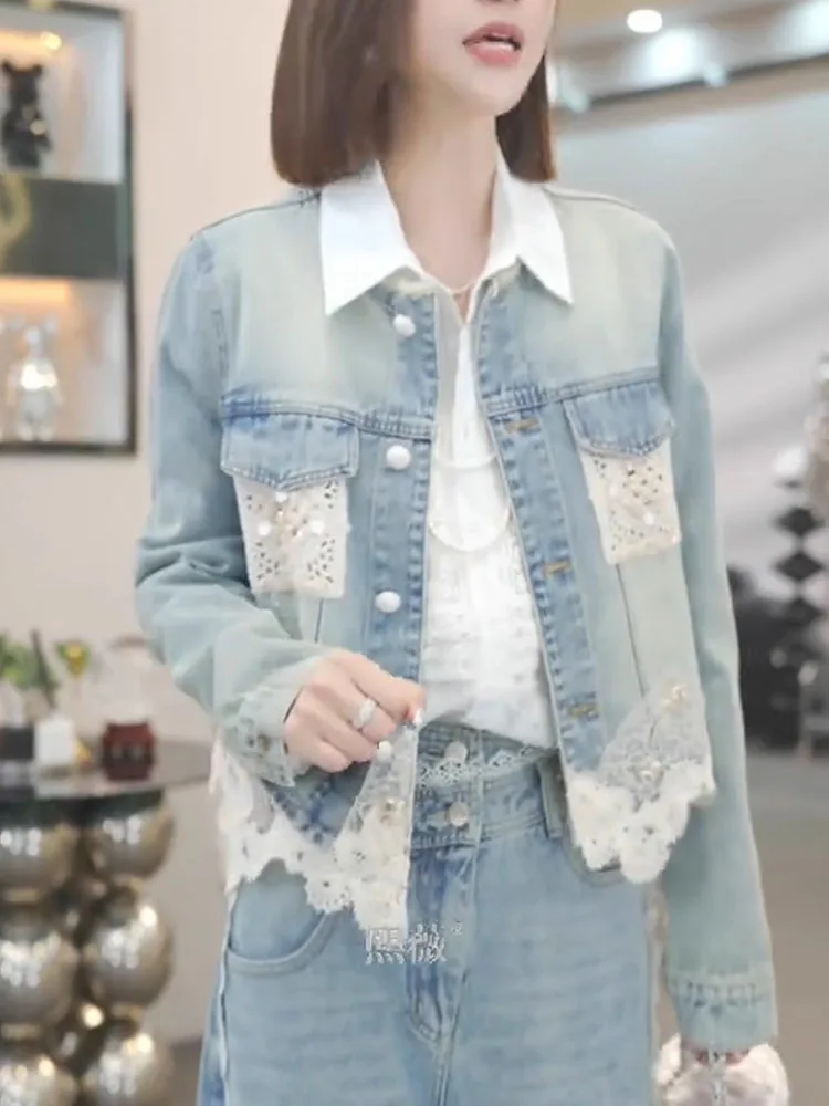 2025 Spring New Contrast Color Long-sleeve Tops Heavy Industry Lace Splicing Loose Lapel Chic Trendy Denim Jacket
