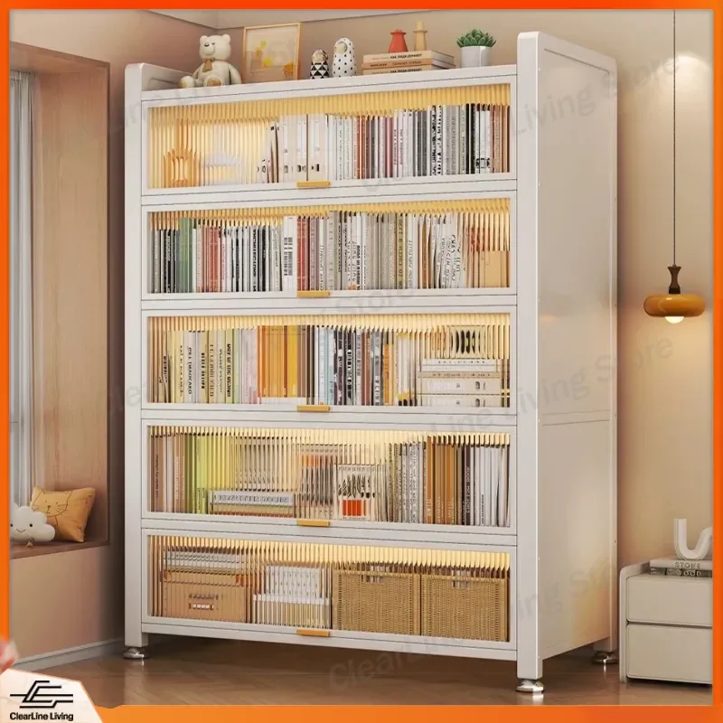 Steel Bookshelf Household Storage Cabinet Floor to Ceiling Bookcase Living Room Integrated Wall Storage Wrought Iron Dust