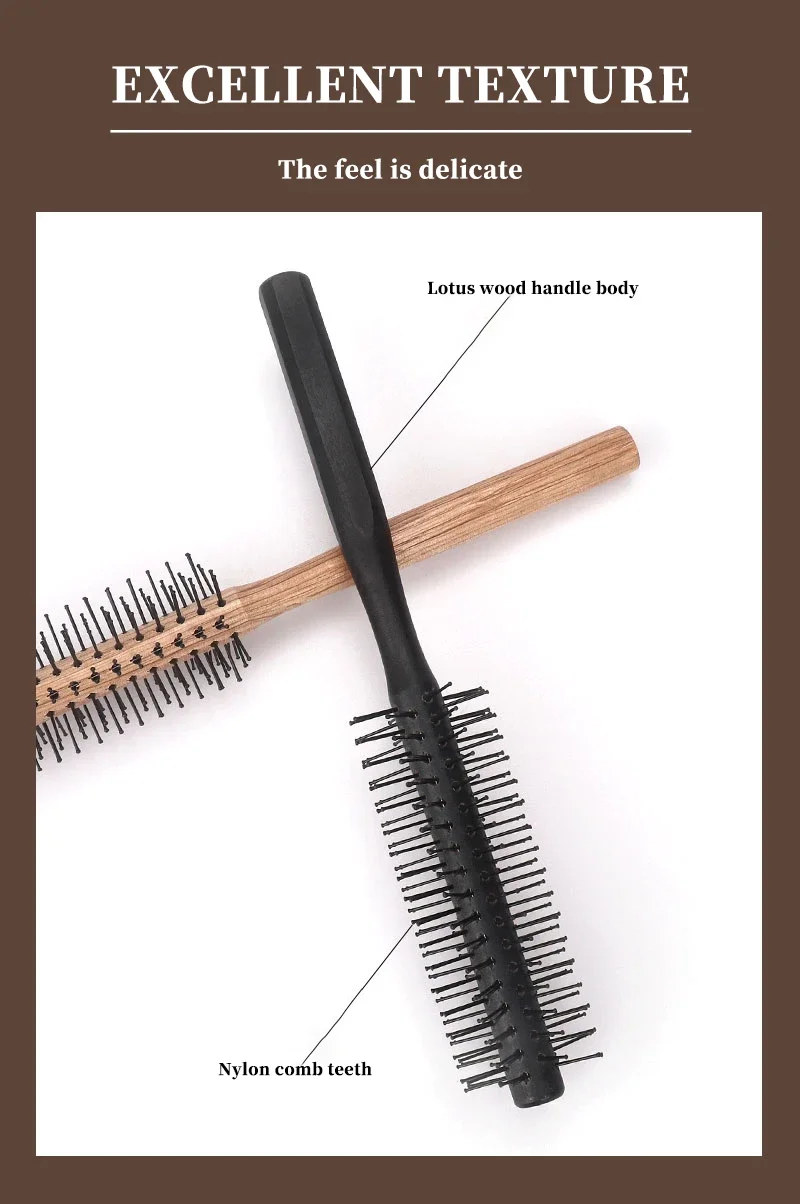 1pc Wood Handle Professional Salon Styling Drying Tool Round Hairdressing Curling Massage Roller Comb Special for Real Hair Wigs