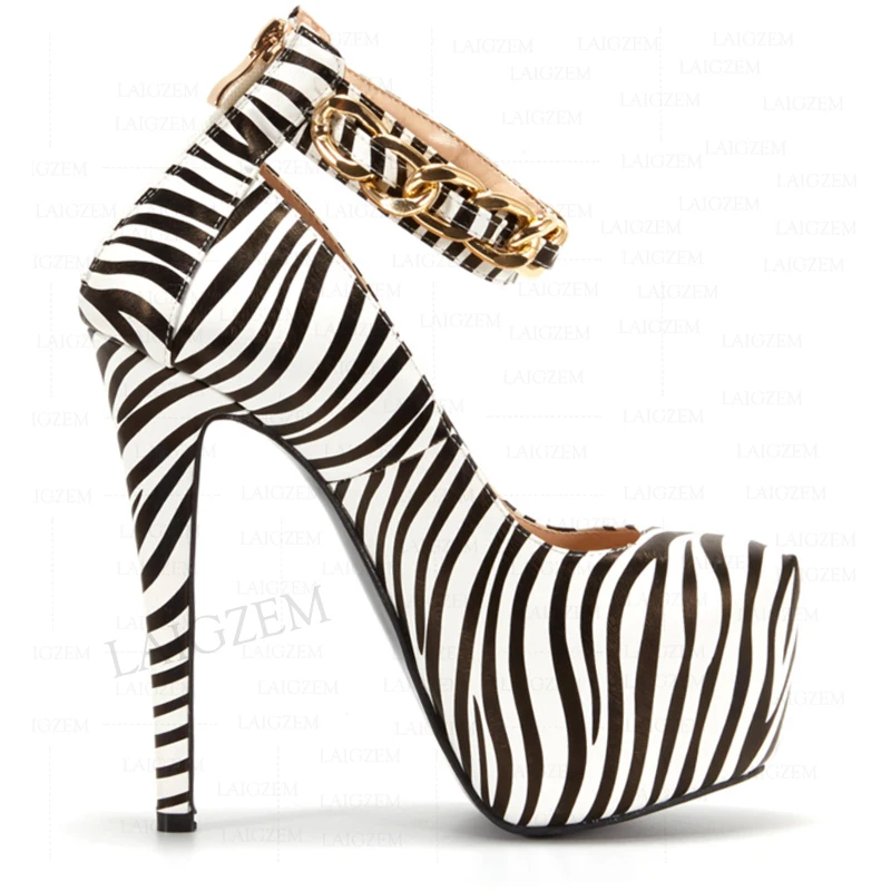 

BERZIMER Women Platform Pumps Metal Chains Back Zip Up Party Club Stiletto High Heels Ladies Shoes Woman Big Size 41 43 45 52