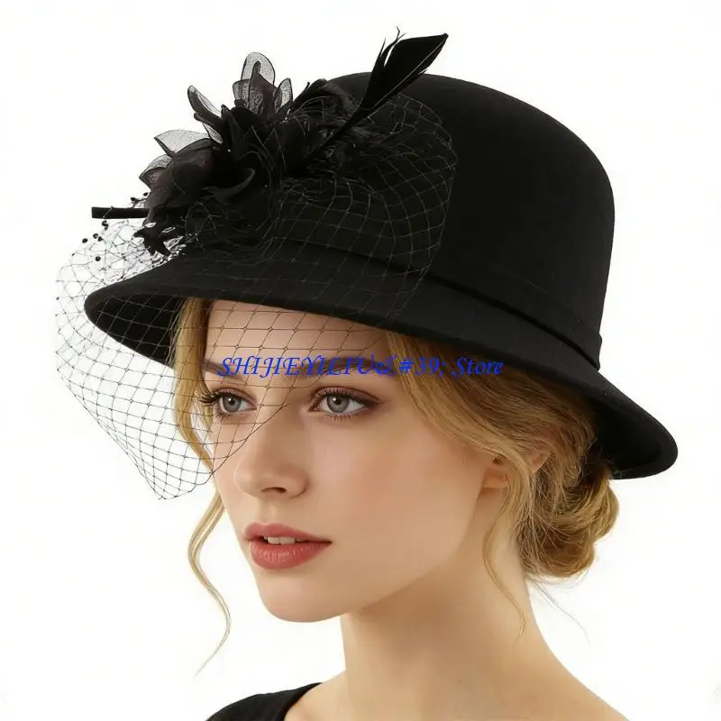 E21F Unique Wool Fascinator Hat for Women Teaparty Horse Racing Event Gathering 1920S Derby Hat for Cocktail Party Dressingup