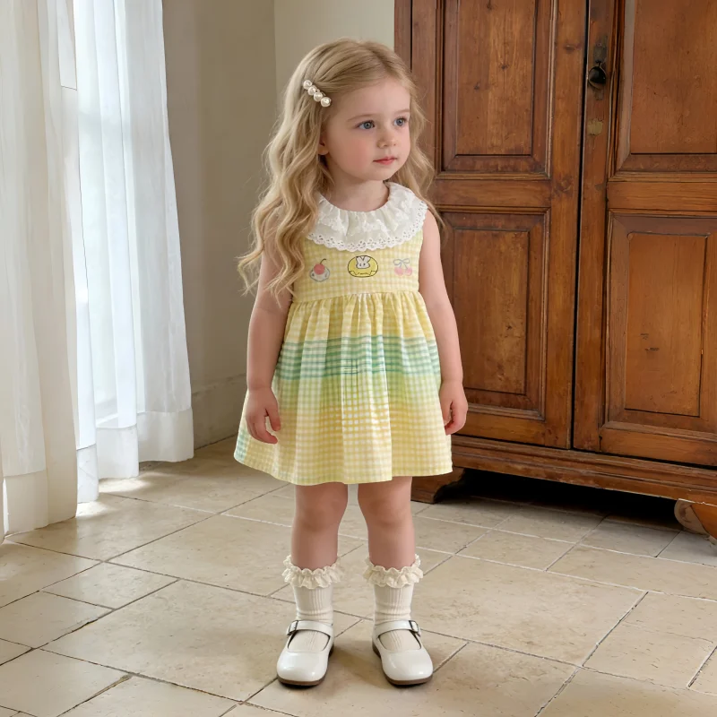 

Летнее хлопковое платье для девочки в клетку с кружевом, без рукавов, с мультяшным принтом, пышное, повседневное, для малышек