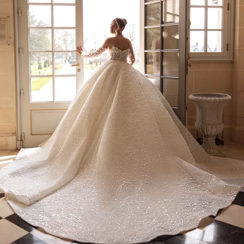 فاخر الشمبانيا دبي العربية حورية البحر فساتين الزفاف ألف خط زين الديكور كريستال ذيل محكمة فستان الزفاف زي العرائس