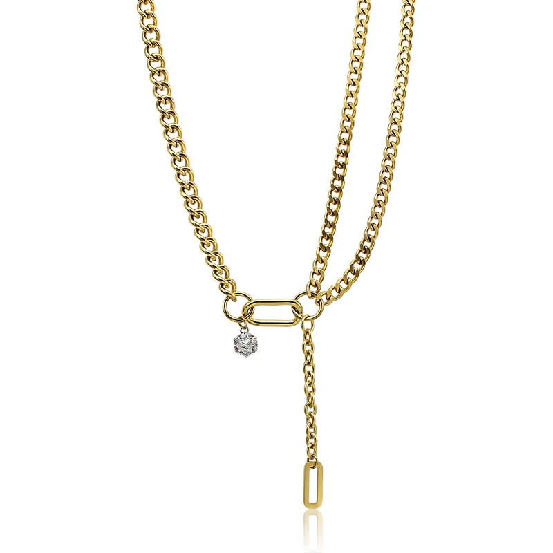 PVD Gold Plated Stainless Steel Double Layered Curb Chain Necklace Women Zircon Pendant Paperclip Buckle Non Tarnish Jewelry