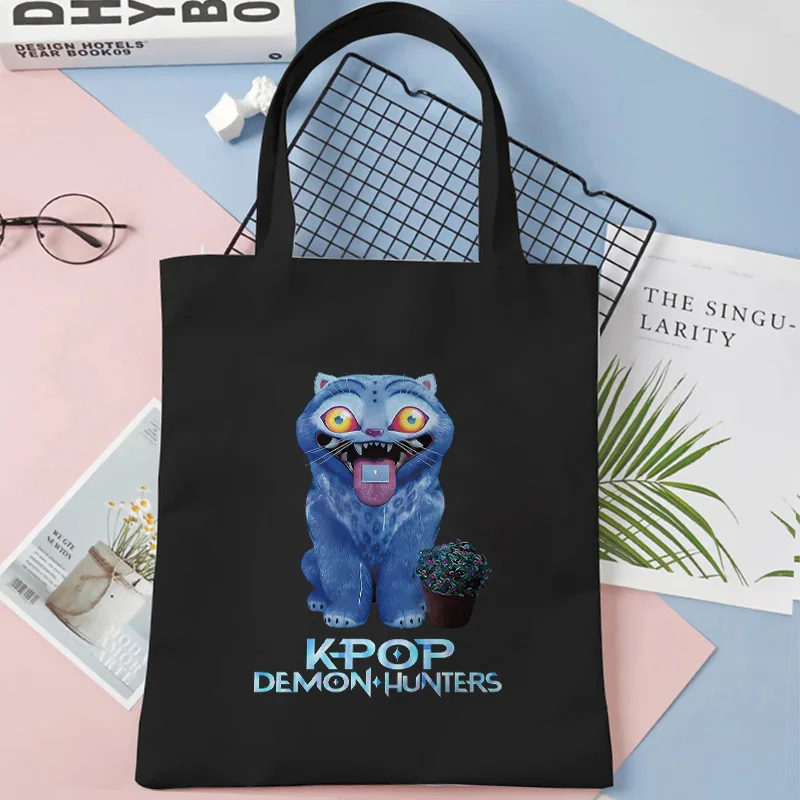Kpop Demon Hunter bolso de lona mujeres niñas Simple de gran capacidad Demon Hunters bolso de hombro bolso de mano reutilizable - Image 3