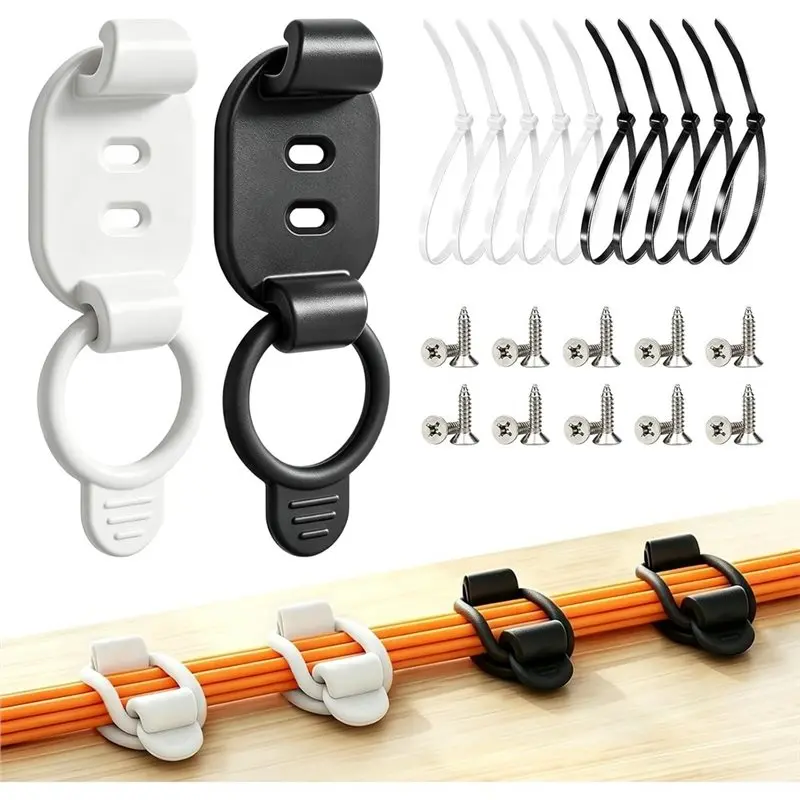ABKO-10 Sets Adjustable Cable Management Clips, Reusable Self-Adhesive Cord Organizers With Elastic Loops, Cables Holders