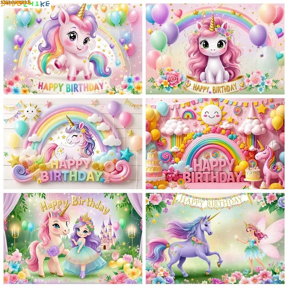 

Dreamy Unicorn Photography Background Rainbow Girl Birthday Party Flower Photocall Backdrop Baby Shower Studio Photozone