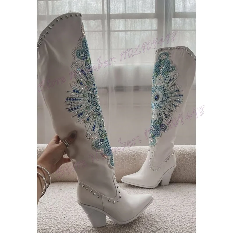 White Rhinestone Chunly Heels Boots Pointed Toe Shoes for Women Matte Leather Knee High Knight\'s Shoes 2024 Zapatos Para Mujere