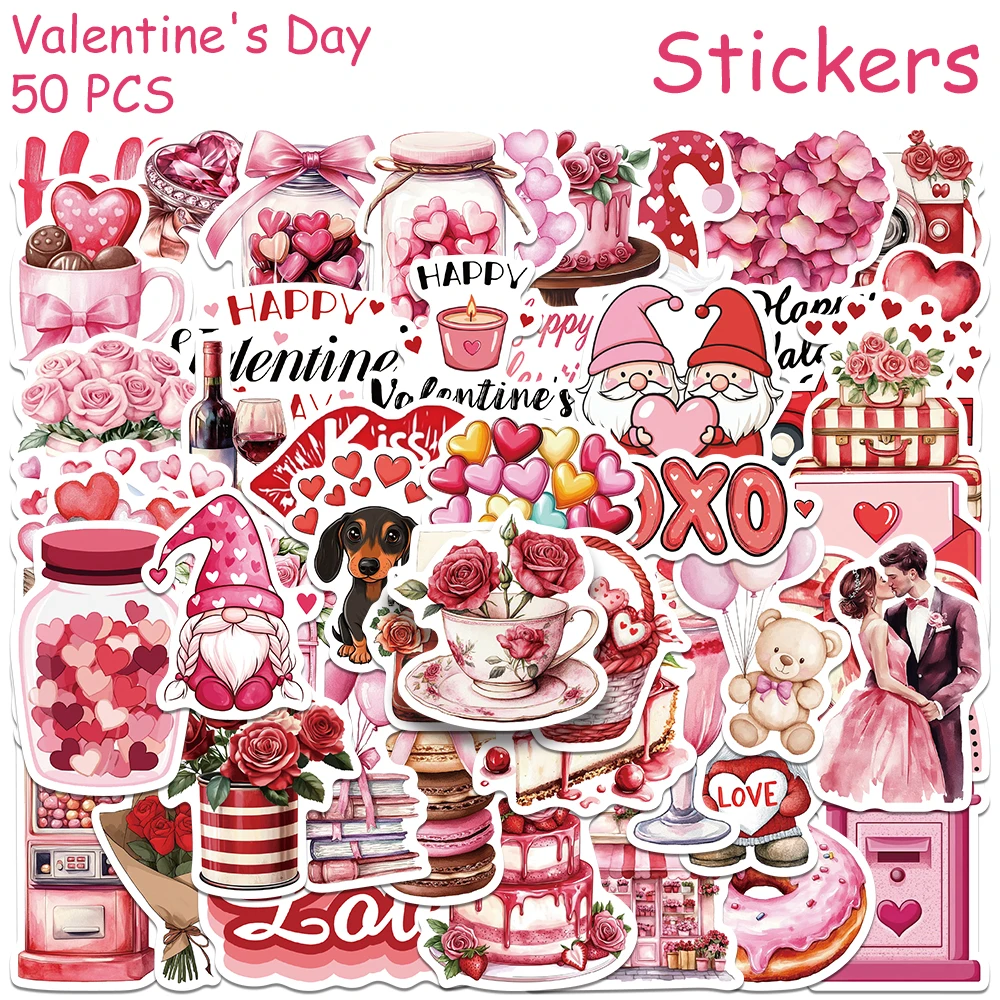 

50pcs Valentine's Day Stickers Decals For Phone Laptop Suitcase Refrigerator DIY Aesthetic Waterproof Stickers Creative Gifts