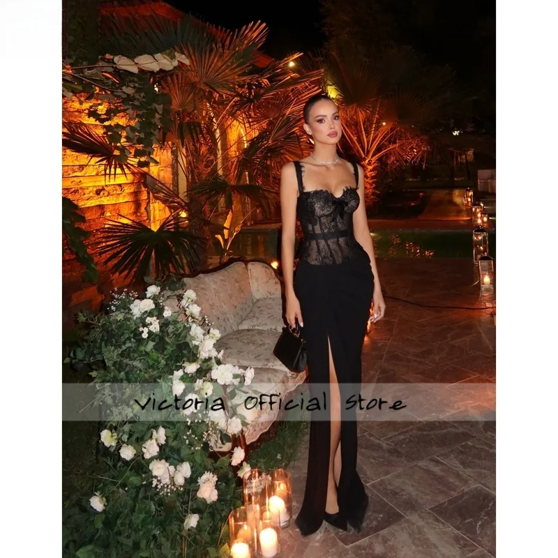 Customized Black Spaghetti Strap Side Slit Prom Dress Strapless vestidos de noche Sleeveless Lace Formal Evening 2025