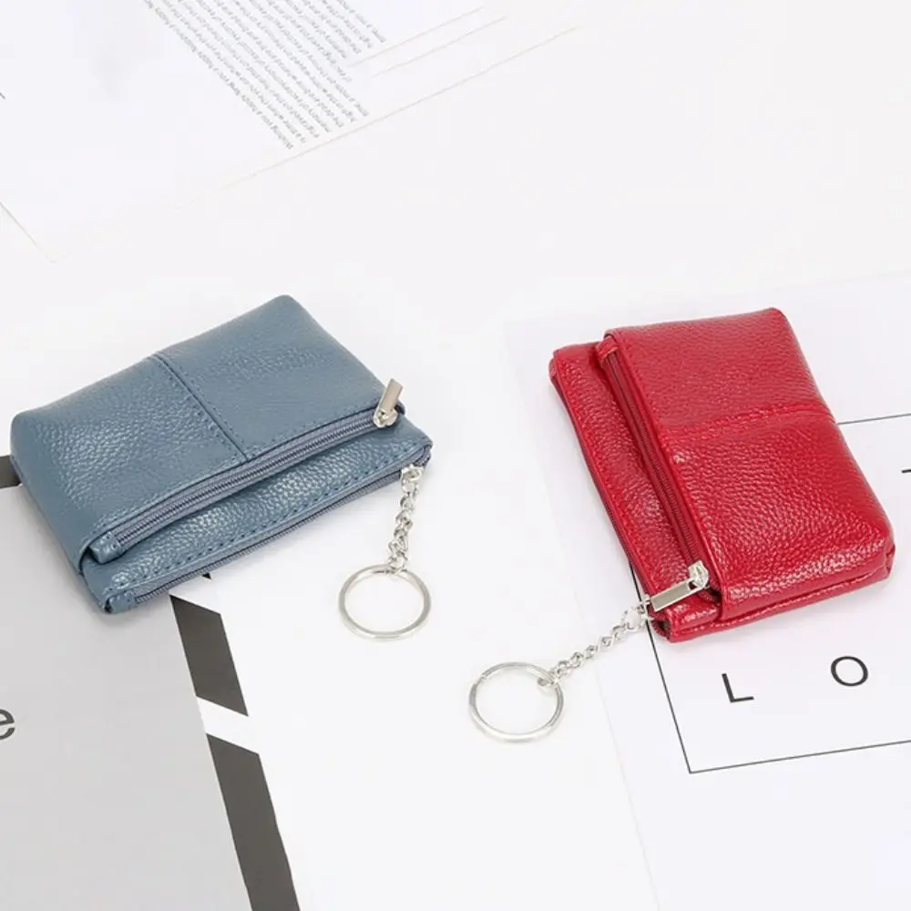 Double Layer Short Zipper Coin Purse Pure Color Waterproof Small PU Leather Wallet Money Bag With Keychain ID Credit Card Holder