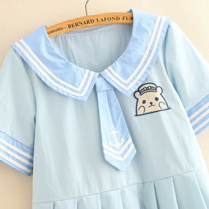 Zomer schattige matroos JK jurk kleine beer borduurwerk ontwerp Japanse schoolmeisje uniform lichtblauw kleuterschool kleine eendie hoed