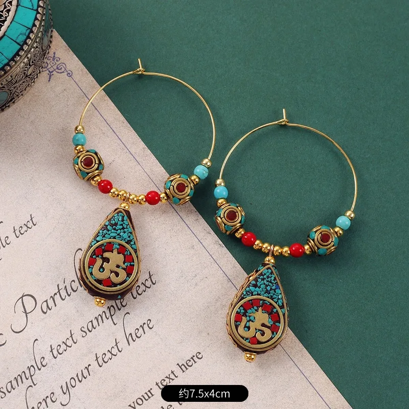 Ethnic Tibetan Style Pendant Earrings for Women Vintage Copper Bead Luxury Gemstone Colorful Jewelry Nepal Exotic Creative Gift