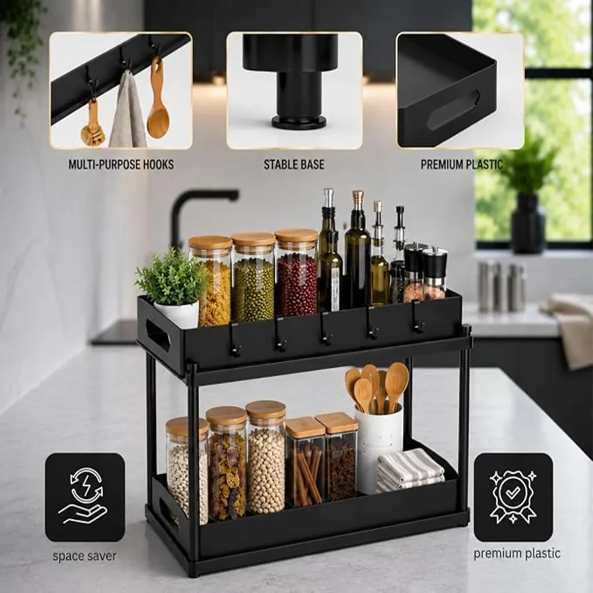 Pull Out Under Sink Organizer, Multi-Functional Sliding Storage Shelf, Space Saving Cabinet Rack for Kitchen Countertop,Bathroom