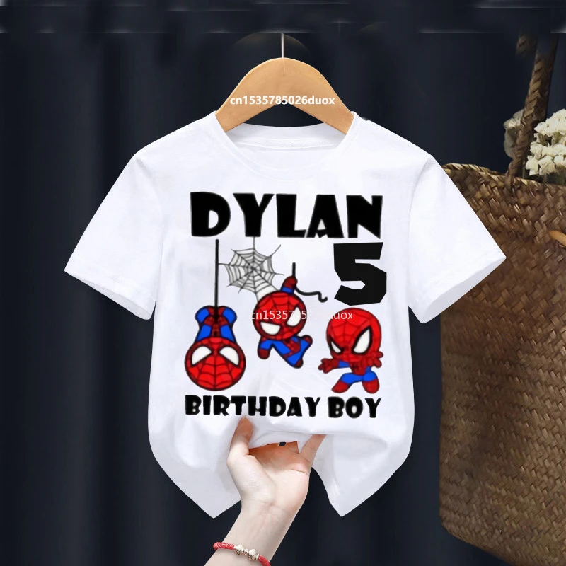 

Kid Summer 2024 2 3 4 5 6 7 8 Marvel Spiderman Boy Birthday Short Sleeve Shirt Spiderman Personalize Name Birthday Boys T-shirts