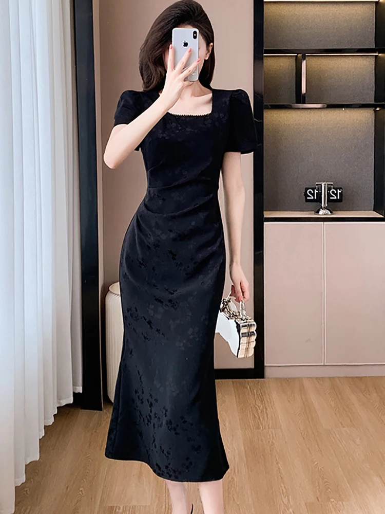 Femmes coréennes Vintage luxe fête robes été blanc Jacquard diamants col carré robe mi-longue 2025 robes moulantes élégantes