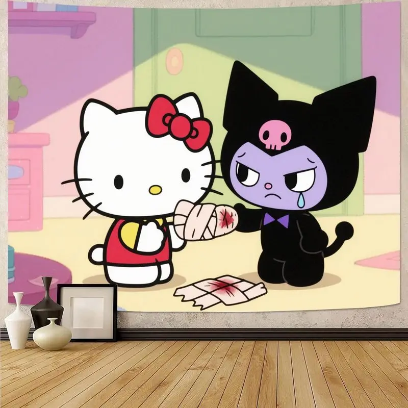

1PC Sanrio Hello Kitty Comforting Kuromi Tapestry Polyester Kawaii Wall Art Aesthetic Bedroom Decor Gift for Girls