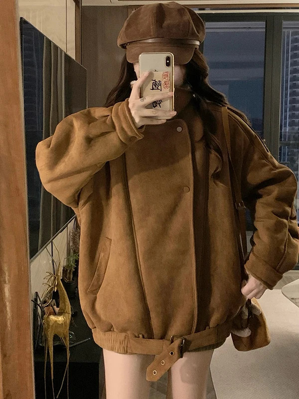 

Замшевое байкерское куртка большого размера, женское свободное хлопковое пальто на меховой подкладке, винтажная повседневная верхняя одежда, модная женская верхняя одежда