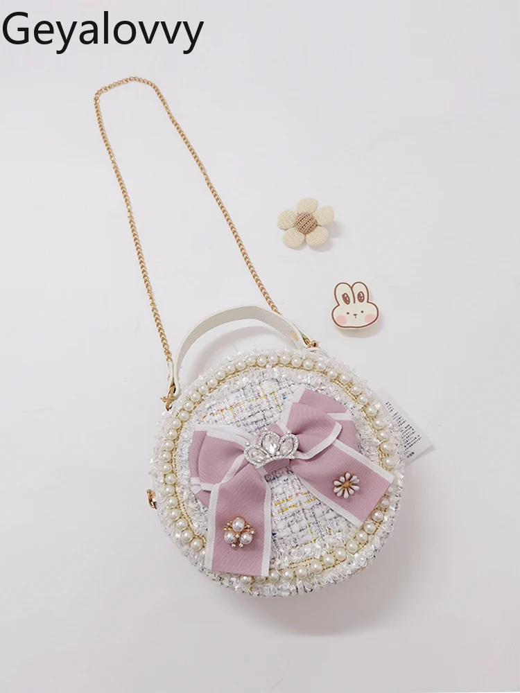 

2025 Spring Summer New Product Princess Bags Birthday Gift Rhinestone Bow Round Messenger Bag Sweet and Cute Girl Handbag