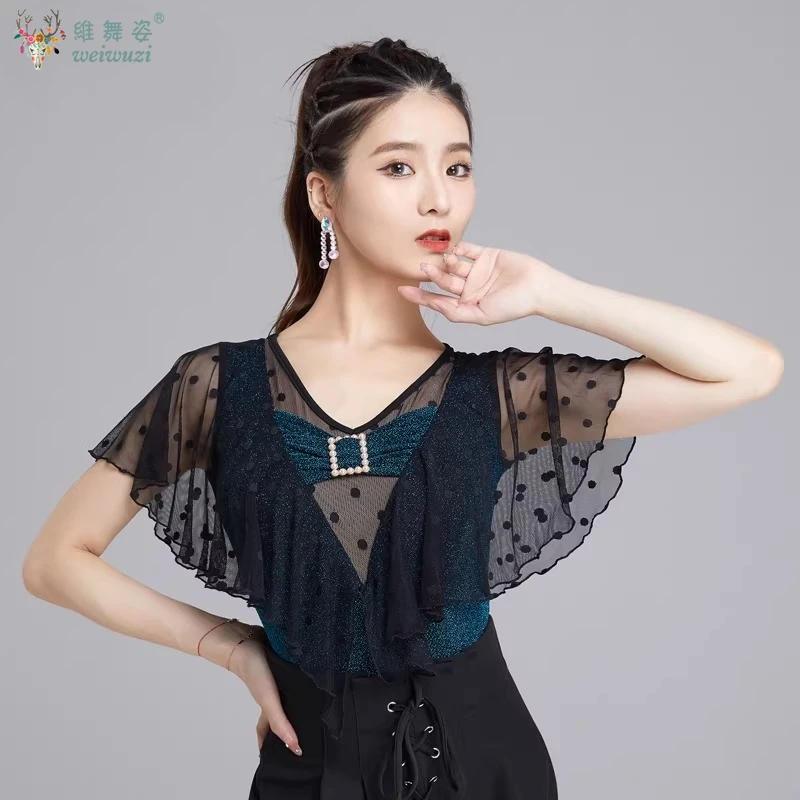 

Костюм для латиноамериканских танцев: удобный и дышащий черный сетчатый топ с короткими рукавами, современный комбинезон для бальных танцев, вальса, тренировочная одежда