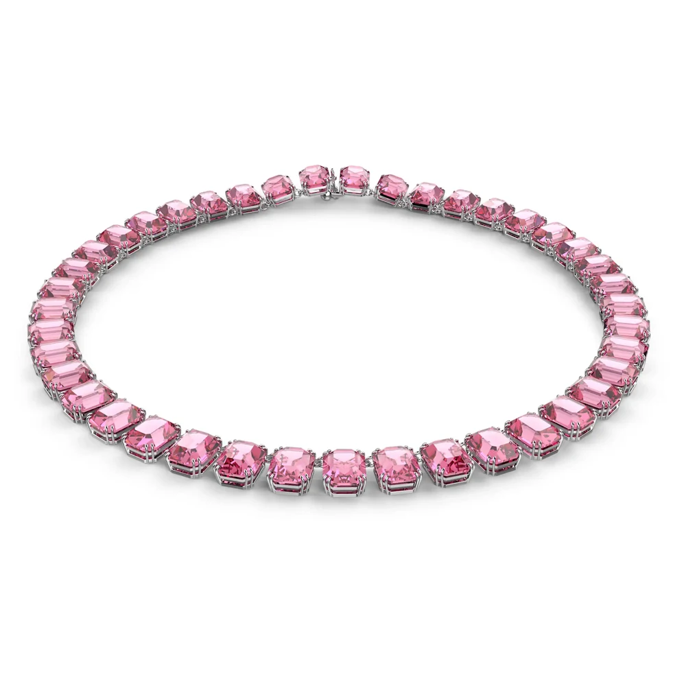 

Серебристое колье-чокер с розовыми кристаллами квадратной огранки