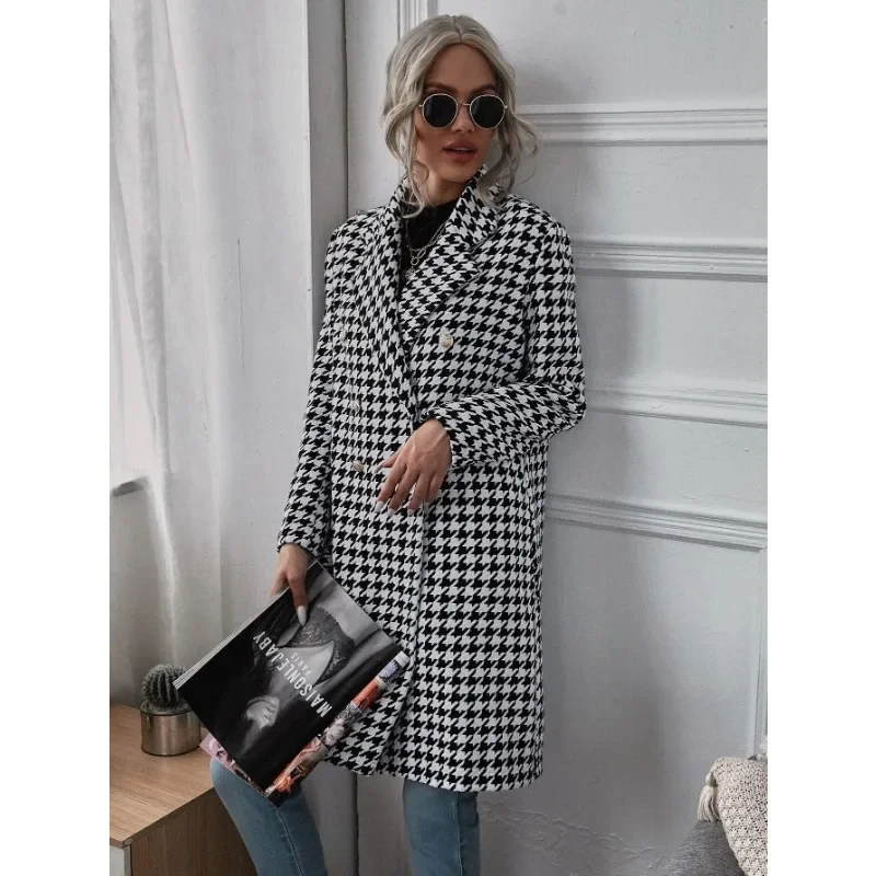 Autunno inverno donna giacca di lana pied de poule elegante moda Plaid manica lunga bavero bottone cappotto allentato Trench giacca a vento Outwear